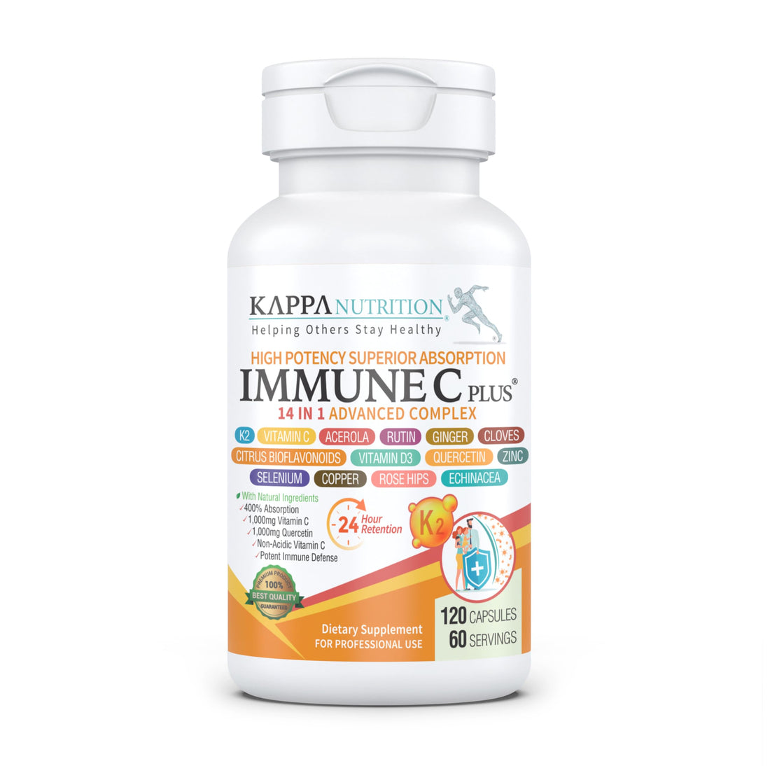 Quercetin 1,000mg, Vitamin C 1,000mg, Zinc 50mg, Vitamin D3 5,000iu, Selenium, Copper, Acerola, Ginger, Rutin, Bitter Orange, Rose Hips, Echinacea, Immune C Plus, 14 in 1 Immune C Plus (120 Count) KAPPA NUTRITIONBuy Supplements Australia
