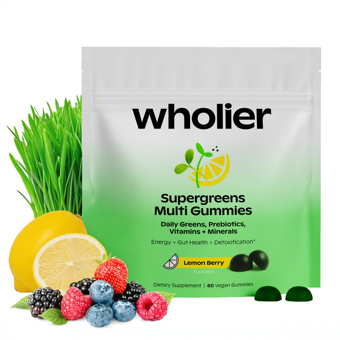 wholier Supergreens Multi Gummies, Daily Greens with Prebiotics, Fiber, Adaptogens, Plant-Based Multivitamin with 9 Essential Vitamins wholierBuy Supplements Australia
