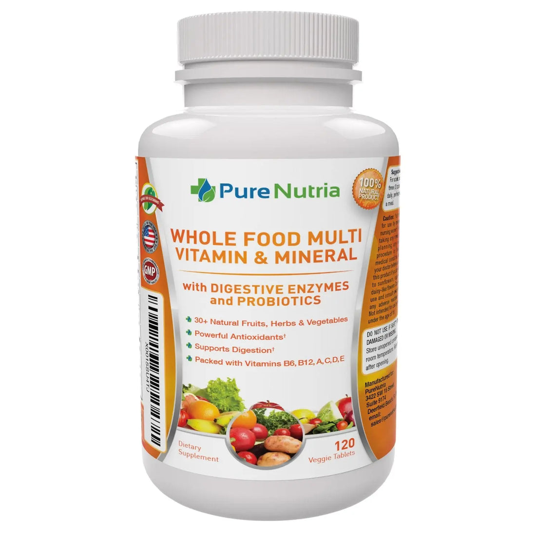 Whole Food MultiVitamin and Minerals with Probiotic Enzymes - 120 Multivitamins for Women and Men - Packed with WholeFood and Herbal Ingredients PureNutria