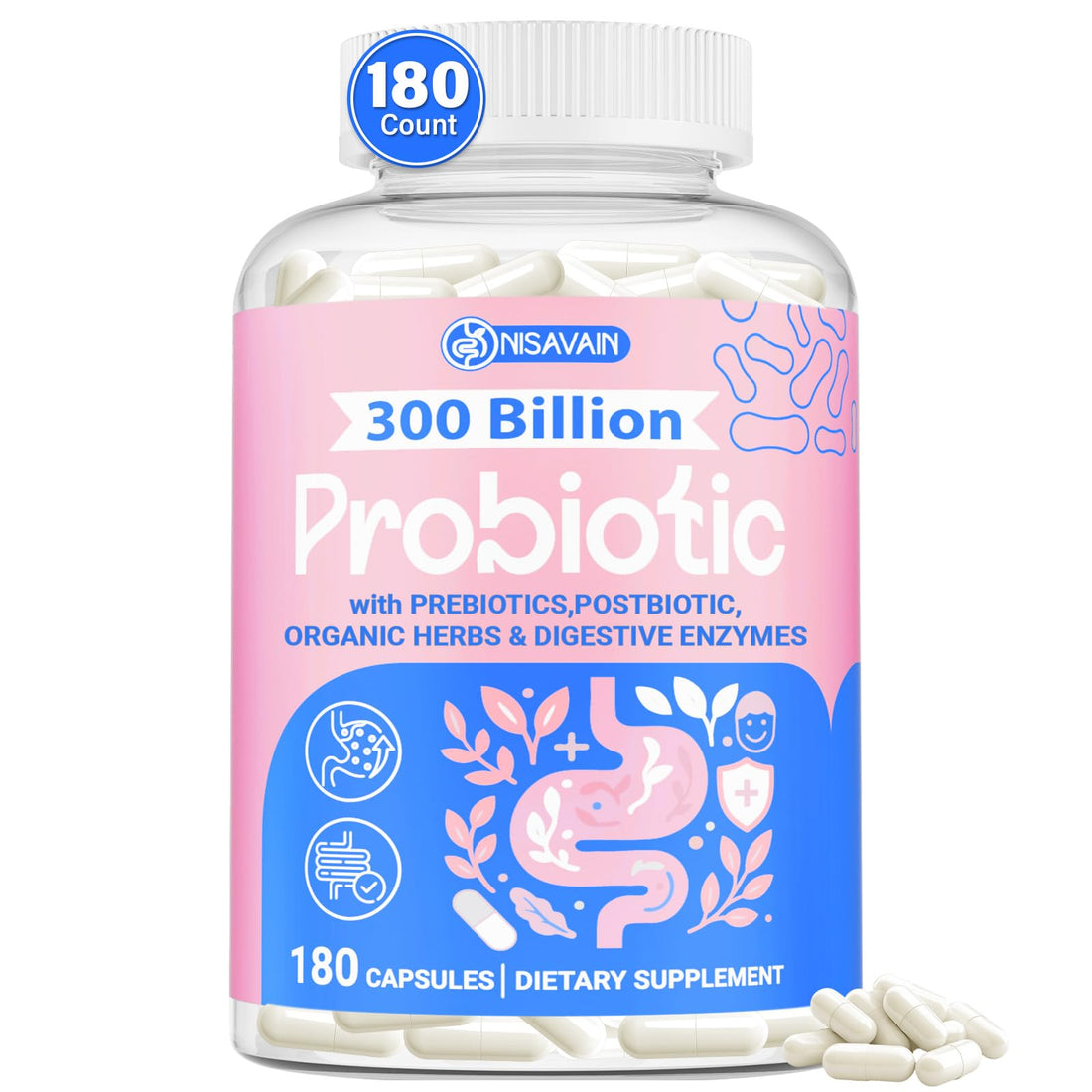(180 Capsules) Probiotics for Women & Men, 5-in-1 Probiotic, Prebiotic, Postbiotic, Organic Herbs & 16 Digestive Enzymes Blend, 300 Billion CFU, Complete Gut Health, Digestive Health & Immune* NisavainBuy Supplements Australia