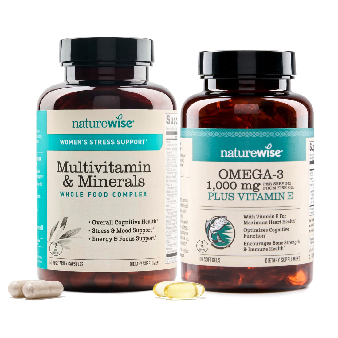 [1] NatureWise Multivitamin for Women Stress Support & Natural Minerals - 60 Ct[30-Day Supply] + [1] Omega 3 Fish Oil 1000mg + Vitamin E - Wild-Caught - 60 Softgels[30-Day Supply] NatureWiseBuy Supplements Australia