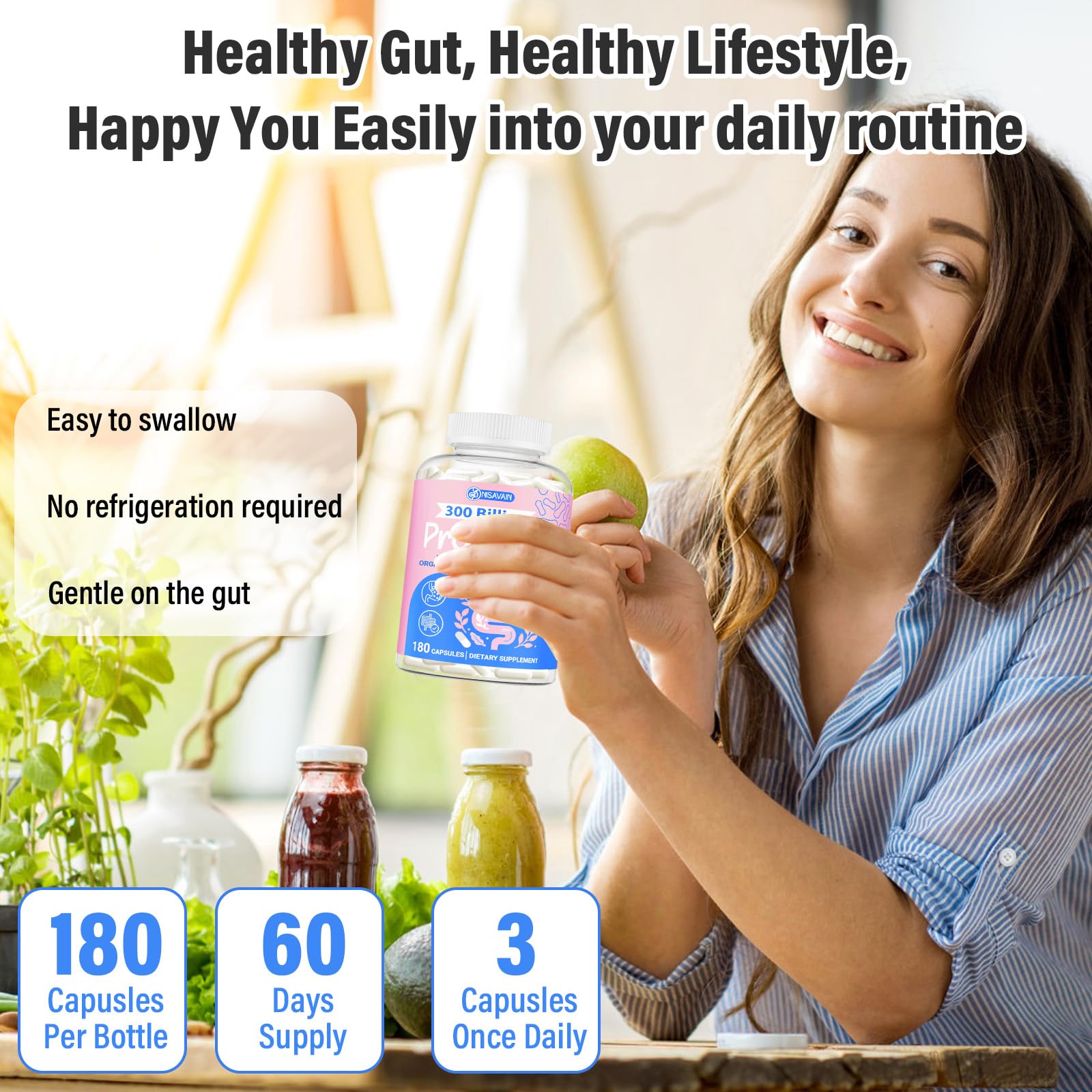 (180 Capsules) Probiotics for Women & Men, 5-in-1 Probiotic, Prebiotic, Postbiotic, Organic Herbs & 16 Digestive Enzymes Blend, 300 Billion CFU, Complete Gut Health, Digestive Health & Immune* NisavainBuy Supplements Australia
