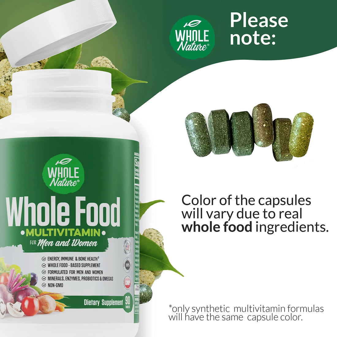 Whole Nature Whole Food Multivitamin for Men and Women Complete Daily Superfood Vitamins Plus Minerals Digestive Enzymes Whole Nature