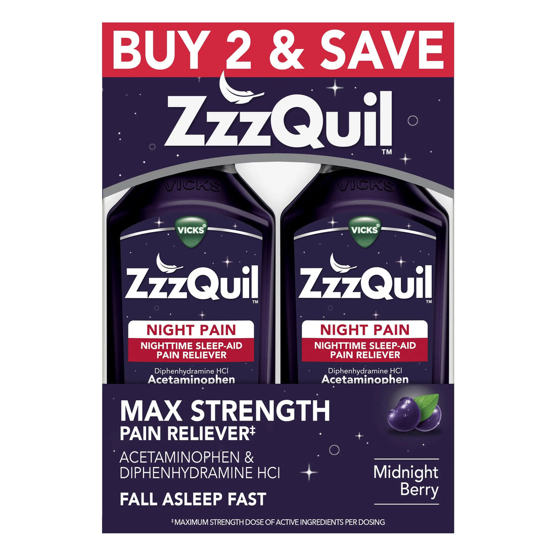 ZzzQuil Liquid, Max Strength Pain Reliever, Nighttime Sleep Aid Liquid, Acetaminophen 1000mg, Diphenhydramine 50mg HCI, Non-Habit Forming, Midnight Berry Flavored, 2 Pack, 24 FL OZ ZzzQuilBuy Supplements Australia
